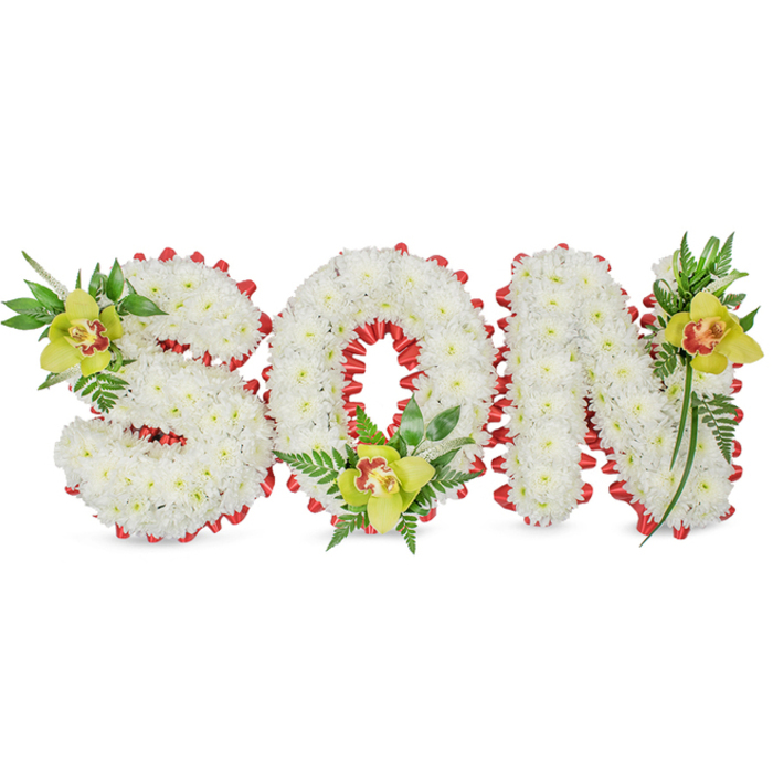A carefully composed sympathy tribute reads 'SON' in pronounced, sculptural lettering made entirely of tightly clustered white chrysanthemums; their small, round heads layer to create a seamless, cloud-white surface that suggests both purity and solemn care. Each letter is edged with a striking red ribbon, folded into a scalloped loop that runs continuously around the perimeter and is also evident within the inner curve of the 'O', where the ribbon shapes a gentle, decorative rim against the white. At three focal points-top-left of the 'S', the inner base of the 'O', and the upper stroke of the 'N'-there are groups of lime-green Cymbidium orchids. Those orchids present smooth, waxy petals in yellow-green tones and a subtle reddish-brown throat marking that catches the light, offering warm contrast and a tactile sheen beside the chrysanthemums' softer texture. Sprays of lush foliage-long, elegant green leaves and delicate fern fronds-spill around the letter forms, introducing movement and a natural profile that lifts the composition. Photographed on a plain white backdrop with soft, diffuse lighting, the tribute highlights fine craftsmanship, the interplay of colour and texture, and the emotional intent behind memorial floristry. In St Mary Cray this kind of personalised floral inscription is often chosen for funeral services or headstone tributes, a measured, respectful way to honour the life of a son with both gentleness and visual clarity.