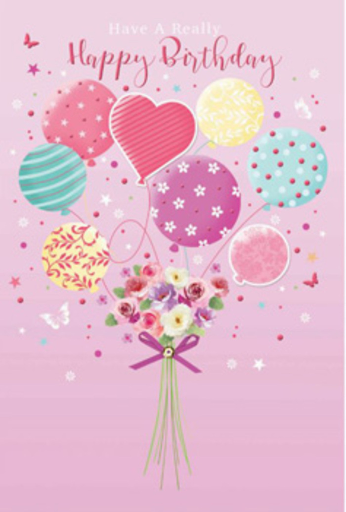This delightful birthday artwork portrays a whimsical fusion of balloons and blooms, as if a small bouquet has caught the breeze and is floating above the rooftops of St Mary Cray. The scene is set against a soft pink background that suggests the warmth of early evening light, soothing yet full of possibility. A cluster of pastel balloons rises gracefully in the upper part of the image, their colours ranging from gentle rose and pale lemon to seafoam green and lavender, with hints of light teal. Each balloon carries a unique pattern: there are candy-striped ones that spiral upward, polka-dotted rounds that seem to shimmer, delicate florals scattered across a few, and a standout heart-shaped balloon radiating quiet affection in the centre. From this joyful cluster, thin strings trail down like stems to a hand-tied bouquet resting at the base. The bouquet is composed of petite roses and daisy-like flowers, presented almost as if freshly arranged in a St Mary Cray florist studio. Their petals are layered and softly blended from ivory through blush pink to muted mauve, with subtle shading that suggests real texture and a gentle, sweet fragrance. A striking purple bow secures the arrangement, its loops and tails rendered with a satin sheen that picks up highlights from the surrounding light. Tiny butterflies and star-shaped sparkles pepper the space around the design, adding a feeling of magic, like confetti glinting after a birthday celebration in a local garden. The overall effect is airy yet intimate, perfectly capturing the emotion of a thoughtful birthday card paired with fresh flowers delivered right to a doorstep in St Mary Cray.