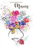 This Mother's Day card features an exuberant, watercolour bouquet that seems to bloom with the same freshness you might sense on a bright morning in St Mary Cray. In the centre, full, rounded blossoms in shades of hot pink, cerise, and vivid magenta are painted in loose, overlapping washes, allowing pools of colour to fade at the edges like petals softening in the light. Fine, expressive lines of deep indigo loop around the flowers and leaves, hinting at their form without confining their movement, giving the piece a sketchbook spontaneity that suggests an artist capturing a favourite arrangement in one sitting. Among these bold hues, gentle tones of lavender, powder blue, and muted peach appear, offering a gentle coolness and adding layers of subtle contrast. Pops of bright chartreuse and soft green peek through as suggested foliage, making the bouquet feel lush and full, as if freshly gathered. Delicate traces of gold shimmer along some petals and around the elegant, rounded vase, where a small golden bow sits like the final flourish on a bouquet ready to be delivered to a doorstep in St Mary Cray. The white background keeps everything light and uncluttered, while scattered hearts and flicks of paint hover around the bouquet, evoking laughter, shared stories, and the little moments that make Mother's Day special. The overall impression is of warmth, affection, and playful celebration, like a floral hug printed on paper, ready to carry love and gratitude from one generation to another.