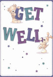 Full of cheer and playful optimism, this get well card is a reflection of the heartfelt care found throughout St Mary Cray. At its heart, a cuddly bear and an affectionate puppy spring to life against a soft cream background, each animatedly supporting the large, colourful letters forming 'Get Well.' Swaths of indigo and teal give the message a gentle vibrancy, reminiscent of the fresh, vivid hues in hand-tied arrangements prepared by local florists. Scattered above and beneath, starburst motifs in blue and purple shades twinkle like heartfelt wishes for a swift recovery. The illustrated fur, from the bear's plush chest to the puppy's soft, tactile ears, is rendered so invitingly one can almost imagine a gentle, comforting hug. This joyful scene feels just right for St Mary Cray-bright, encouraging, and rooted in community support, like a bouquet delivered to lift someone's spirits on a quiet afternoon near Station Approach. Each thoughtful detail in the illustration works together to convey genuine kindness and optimism, making the card a perfect companion for a lovingly prepared floral gift destined to bring a little light and reassurance into someone's day.
