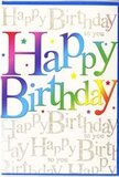 The birthday card shown here captures that feeling of stepping into a room decorated just for you, much like arriving home in St Mary Cray to find fresh flowers and balloons waiting. Dominating the design, the words Happy Birthday are written in large, rounded letters that seem to glow with colour. Each character is filled with a lush gradient, moving from rich scarlet and rosy pink to bright azure, teal, and leaf green, finally fading into golden yellow and soft lemon tones. The hues blend so smoothly they resemble the shifting colours of a sunset over rooftops near the River Cray. The letters have a subtly raised, glossy finish that reflects light in soft highlights, as though they have been coated in a thin layer of varnish. Behind this bold greeting, the entire background is patterned with the phrase Happy Birthday to you in a fine, flowing script, printed in metallic gold. The handwriting-style letters are small and neat, running in tidy horizontal lines that repeat like a gentle refrain, mirroring the way friends and family might quietly echo birthday wishes throughout the day. The gold catches the light delicately, providing a refined sparkle similar to the way shop windows glint along Cray Avenue. The base colour of the card is a smooth, creamy white, giving a calm, neutral stage on which the rainbow message and golden script can shine. The overall impression is one of layered celebration-vivid, cheerful colour supported by subtle, shimmering sentiment-ideal for tucking alongside a bouquet delivered across St Mary Cray to mark a birthday with both exuberance and genuine affection.