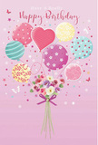 This birthday illustration feels like a tender celebration captured in mid-air, echoing the cheerful mood of a surprise delivery arriving in St Mary Cray. The composition rests upon a soft pink background, velvety and even, evoking the gentle glow of a calm morning. Floating at the top is a cluster of pastel balloons in blush pink, pale yellow, mint green, lavender, and soft teal. Each balloon has been given its own decorative flair: some wear twirling candy stripes, others are freckled with playful polka dots or adorned with tiny, scattered blossoms, while a heart-shaped balloon glows at the centre, quietly symbolising love and birthday wishes. Slender strings descend from the balloons, drawing the eye down to a compact bouquet at the base. The flowers, likely small roses and anemone-like blooms, are gathered tightly with care, their petals rendered in creamy ivory, blush, and gentle mauve tones that echo the softened colours above. A neat violet satin bow gathers the stems, its smooth texture and subtle shine giving the arrangement a polished, celebratory finish. Around the main image, tiny star shapes and fluttering butterflies offer hints of movement and magic, as if caught in a light breeze that might drift along the lanes of St Mary Cray. The lighting is bright yet tender, bringing a soft sheen to the balloons and revealing the velvety intricacy of each petal, suggesting the freshness of real birthday flowers. Altogether, the artwork evokes a feeling of joy, thoughtfulness, and gentle nostalgia, like sending a card that carries not just words, but the warmth of a beautifully arranged birthday bouquet.